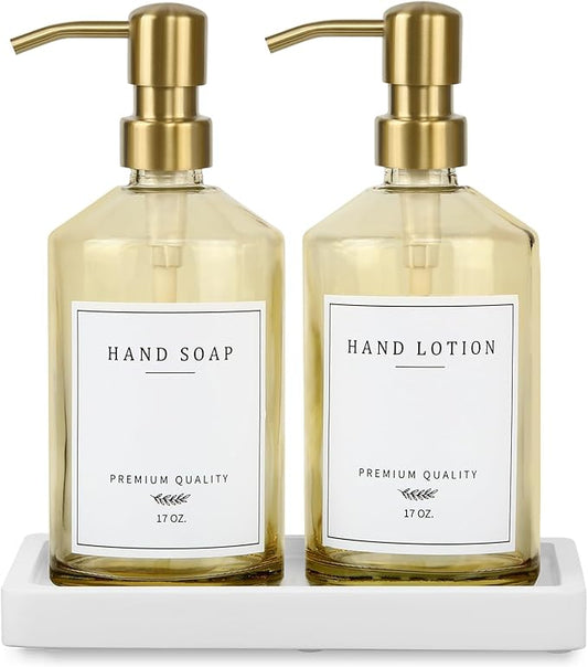 Dish Soap Dispenser for Kitchen, Glass Kitchen Soap Dispenser Set with Stainless Steel Pump, Modern Farmhouse Bathroom Decor & Accessories (Yellow Bottle/Gold Pump)