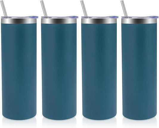 Volhoply 4 Pack Skinny Tumblers with Lid and Straw, 20oz Stainless Steel Straight Tumbler Bulk, Vacuum Insulated Coffee Mug for Home, Office, Travel, DIY (Dark Green,4 Pack)