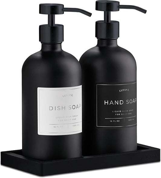 Glass Soap Dispenser Set of 2 (Black) with Silicone Tray | Hand and Dish Soap Dispenser for Kitchen and Bathroom | 16.8 Oz Glass Bottles with Stainless Steel Pump & 15 Waterproof Labels (Black)