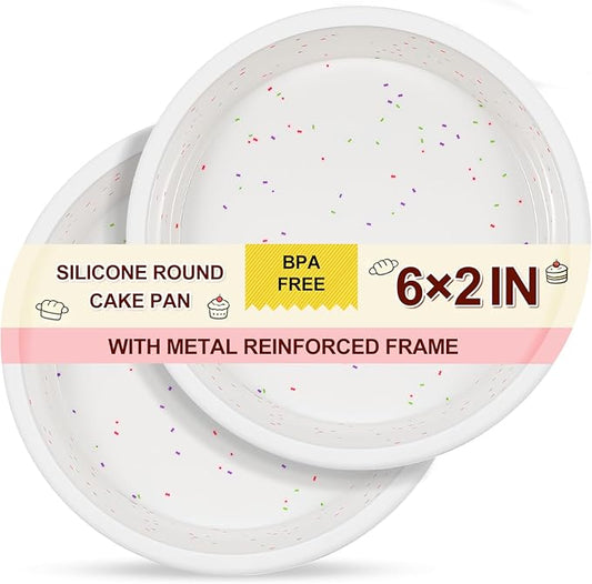SJ 6 Inch Silicone Round Cake Pan with Metal Reinforced Frame Set of 2, Nonstick Silicone Cake Mold for Baking Suitable for Making Layers, Cheese & Chocolate Cakes