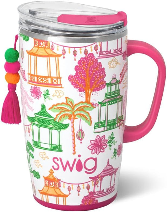 Swig Life 18oz Travel Mug, Insulated Tumbler with Handle and Lid, Travel Coffee Mug, Cup Holder Friendly, Stainless Steel 18 oz Tumbler, Reusable Insulated with Lid (Pagoda Paradise)