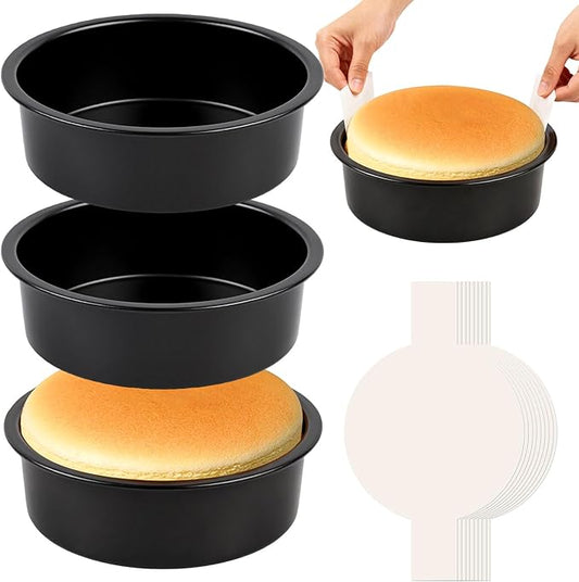 6 Inch Round Cake Pan Set of 3 - Nonstick Carbon Steel Cake Baking Pans with 100 PCS Parchment Paper, Dishwasher Safe, Durable for Layer Cakes, Birthday & Christmas Baking