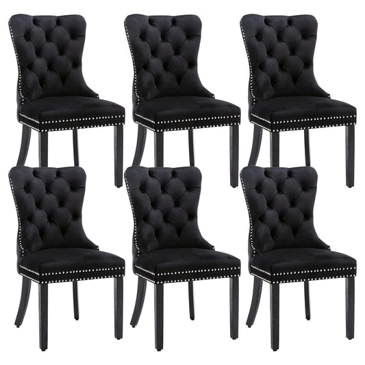 Eifizek Velvet Dining Chairs Set of 6, Tufted Dining Room Chairs with Nailhead Ring Pull Trim, Upholstered Dining Chairs with Solid Wood Legs for Kitchen Dining Room, Sillas De Comedor (Black)