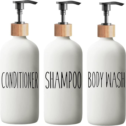 Shampoo and Conditioner Dispenser Set - Easy to Read Labels - Pump Bottle Dispenser for Shampoo, Conditioner, Body Wash - Glass Refillable Containers for Shower