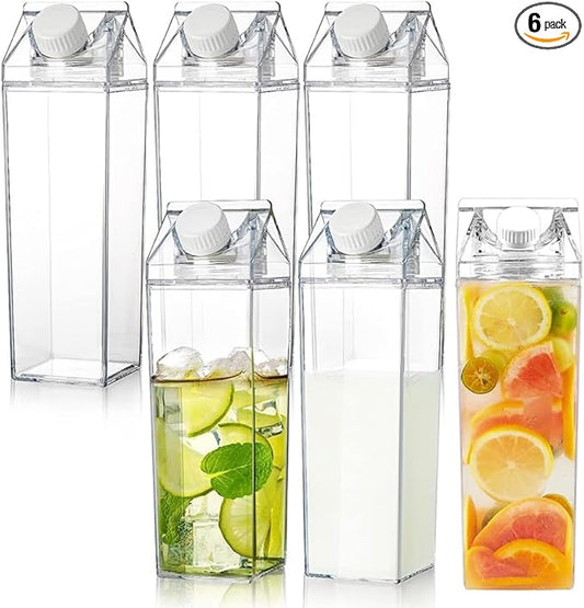 6 Pack Milk Carton Water Bottles 34oz/1000ml Leak Proof Plastic Water Bottle Reusable BPA Free Sports Water Bottle Carton Shaped Juice Milk Bottle for Gym Camping Hiking Travel Sports, Dishwasher Safe