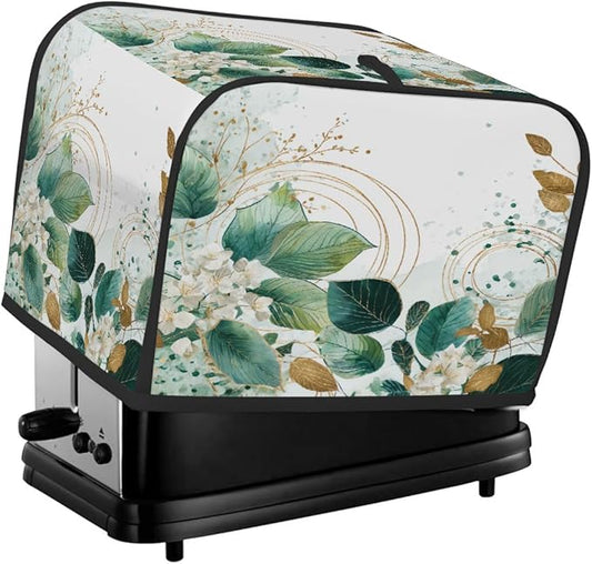 2 Slice Toaster Cover,Sage Green Eucalyptus Leaves Floral Gold Line Small Kitchen Appliance Bread Machine Cover with Pockets,Dust & Fingerprint Protection