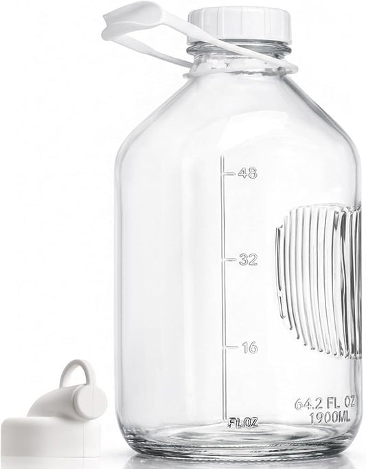 CUCUMI Glass Milk Bottle with Reusable Strong Airtight Screw Lid, 1 Pack 64 Oz Glass Juice Bottles for Almond Milk