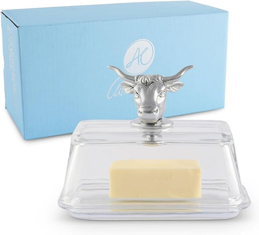 Arthur Court Glass Butter Dish with Lid Cow Head Knob | Classic 2-Piece Design Covered Butter Keeper | Covers and Holds a Standard Stick of Butter | Farmhouse Chic Décor