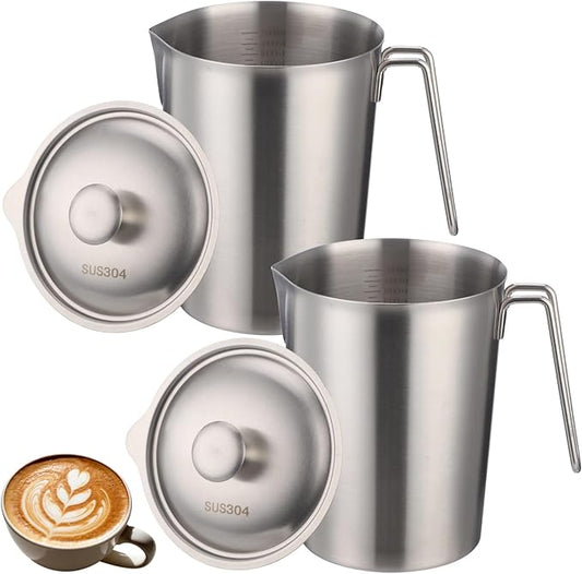 2 Pcs Stainless Steel Measuring Cup with Lids, 67.6 oz Wide Mouth 304 Kitchen Pitcher with Scale and Handle for Baking, Milk Frothing, Latte Art, Hot/cold Water