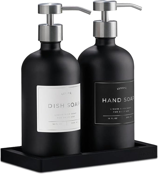 Glass Soap Dispenser Set of 2 (Black) with Silicone Tray | Hand and Dish Soap Dispenser for Kitchen and Bathroom | 16.8 Oz Glass Bottles with Stainless Steel Pump & 15 Waterproof Labels (Black/Silver)