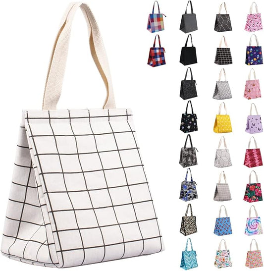 iknoe Insulated Lunch Bag for Women & Adults, 9L Foldable Wide-Open Cooler Bag with Pockets, Leakproof & Portable, for Picnic, Office, Beach(White grid)