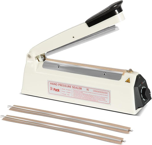 Impulse Heat Sealer with Hot Cutting Wire, Heavy-Duty Bag Sealing & Cutting Machine, 2 Extra Replacements (White, 8-Inch)