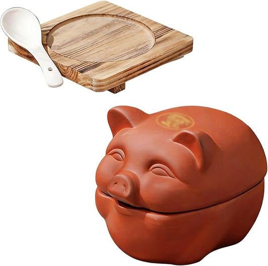 Ceramic Cooking with Lid small Heat Resistant Compatible Earthen Ceramic Cooking Pot Unglazed for Cooking, Rice Meat Soup Family Meals with Tray, spoon(15.5 * 12 * 12cm)