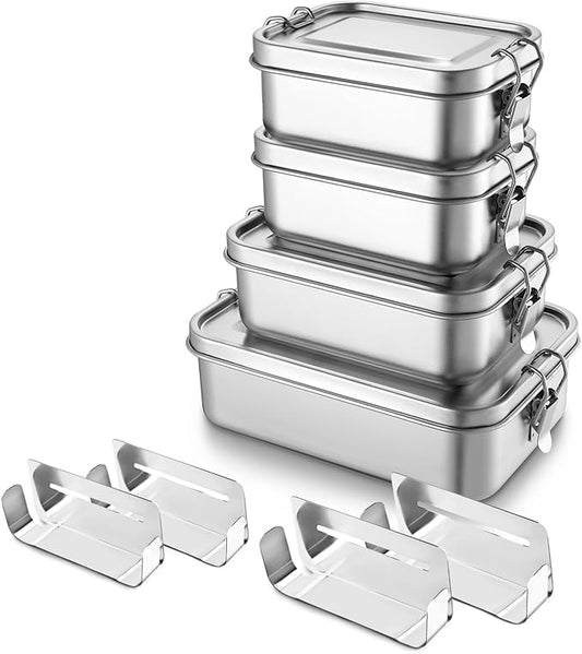 TeamFar Stainless Steel Bento Box, 4 Pack (16 * 2, 28 & 47oz) Metal Lunch Box with 3 Compartments for Adults Kids, Lunch Food Containers for School/Work/Meal Prep, Leak-Proof, 550ML*2+850ml+1400ML
