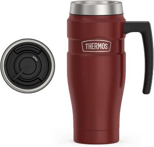 THERMOS Stainless King Vacuum-Insulated Travel Mug with Handle - 16oz, Rustic Red - Thermos Tumbler for Hot & Cold Drinks - Leak-Proof & Sweat-Proof Stainless Steel Coffee Mug with Lid for Commuting