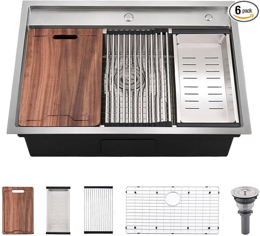 30 Inch Drop In Kitchen Sink Splash Guard Workstation - VOKIM 30 Inch Drop In Sink Stainless Steel Single Bowl 16 Gauge 10'' Deep Handmade Kitchen Sink with Cutting Board& Strainer