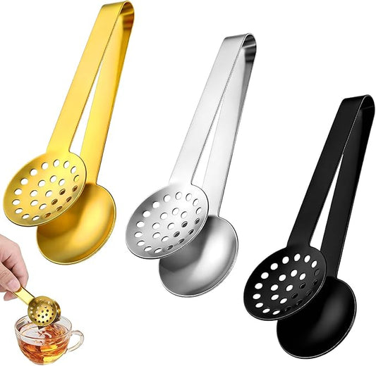 3 Pcs Tea Bag Squeezer Tongs, Stainless Steel Teabag Strainer Dispenser Tea Filter Spoon Clamp Dispenser Accessories for Gripping Teabags Ice Sugar Lemon Slice (Black, Silver, Gold)