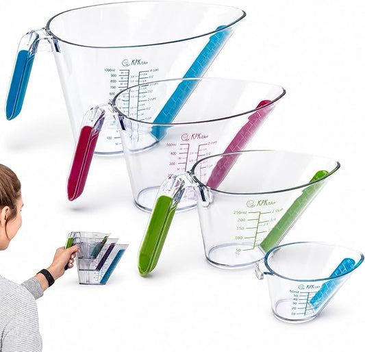 KPKitchen 4-Piece Angled Liquid Measuring Cups Plastic Set - BPA-Free Mini Oz, 1, 2 and 4 Plastic Measuring Cup Sizes - Measuring Cups For Liquids with ML & Cups Measures - Small & Large Measure Cup