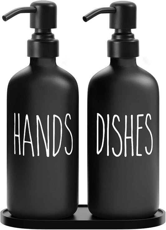 MOMEEMO Black Soap Dispenser Set, Contains Dish and Hand Soap Dispenser, Suitable for Kitchen Decor and Accessories. (Black)