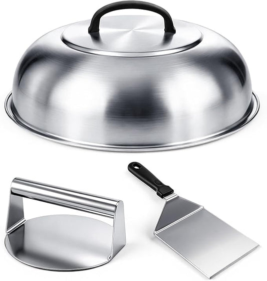 3 Pcs Smash Burger Kit 12" Cheese Melting Cover and 8.5" Burger Press with Grill Spatula Basting Cover, Stainless Steel Hamburger Turner, Melting Dome, Accessories Kit for BBQ Kitchen