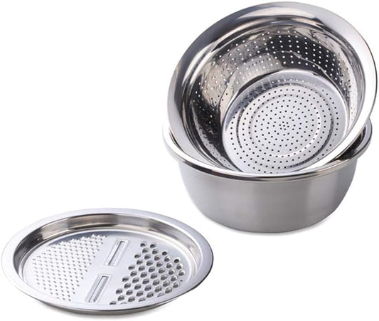 3-In-1 Multifunctional Grater Basin Colander Strainer Set, Mingcheng Stainless Steel Kitchen Grater/Drain Basket/Bottom Basin for Washing Rice, Fruits, Vegetable, Grater with Container (Silver)