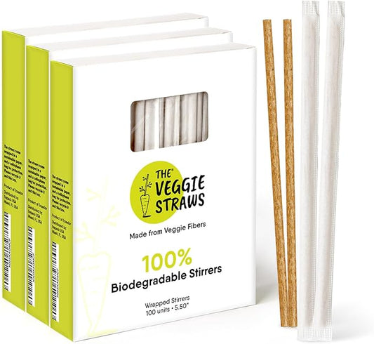 100% Biodegradable Individually Wrapped Cocktail Stirrers – 300 PCS of 5.50 Inches Premium Quality Disposable Coffee Stirrers, Best Biodegradable Stirrers for All Drinks – By The Veggie Straws