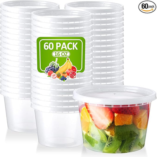 NEEBAKE 16 Oz Deli-Containers-with-Lids - 60 Set Plastic Food-Storage-Containers-with-Lids, Microwaveable & Freezer Safe To-Go-Containers, Leak-proof Soup Overnight Oats Meal-Prep-Containers