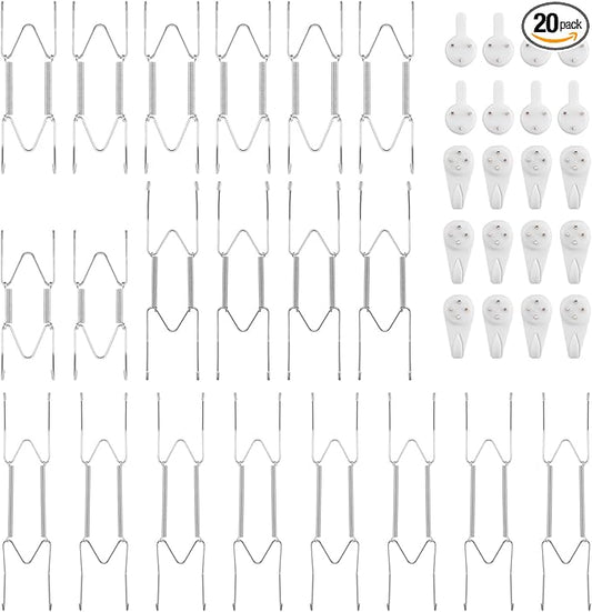 Bilillo 20 Pieces Stainless Steel Spring Plate Hangers for The Wall, 4/6/8/10 Inch Invisible Wire Holders with 20 Pcs Wall Hooks, Fit 4-11 Inch Decorative Plates, Platters & Dishes (Silver)