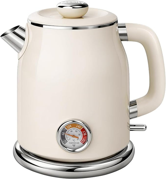 Mecity Retro Electric Kettle 1.7L, Stainless Steel Interior (No Plastic Contact), Double Wall Cool Touch, Fast Boil 1500W, Thermometer (°F/°C), Removable Lid, Wide Opening Easy Cleaning, 120V, Cream