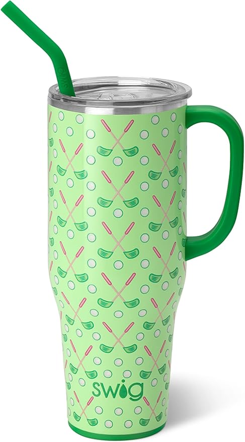 Swig Life 40oz Mega Mug, 40 oz Tumbler with Handle and Straw, Cup Holder Friendly, Dishwasher Safe, Extra Large Insulated Tumbler, Stainless Steel (Tee Time)