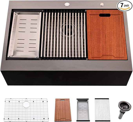 30 Inch Black Farmhouse Kitchen Sink Drop In Workstation - 30 inch Apron Front Farmhouse Sink Workstation Kitchen Sink Single Bowl 16 Gauge Stainless Steel Farm Sink