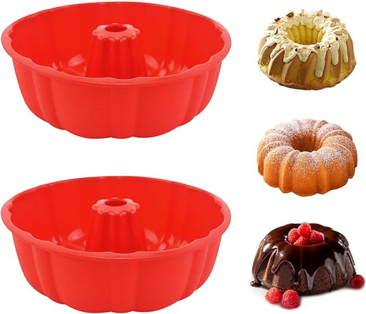 PADELE 2 Pack Silicone Cake Pan Nonstick,10 Inch, Silicone Cake Molds,Pound Cake Pan, Baking for Jello,Gelatin,Cake,Brownie and Bread (Red+Red)