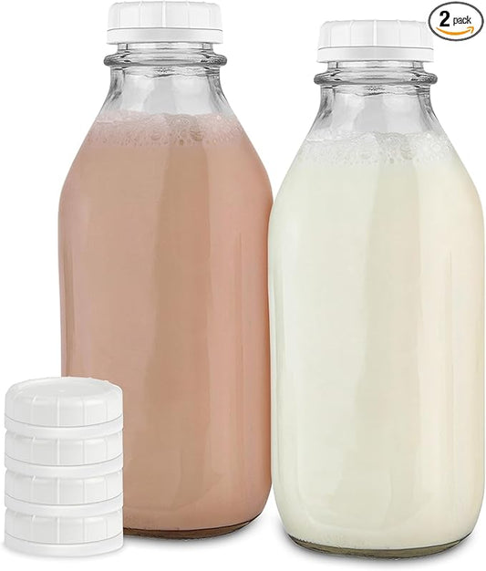 Stock Your Home Liter Glass Milk Bottles (2 Pack) - 32-Oz Milk Jars with Lids - Food Grade Glass Bottles - Dishwasher Safe - Bottles for Milk, Buttermilk, Honey, Maple Syrup, Jam, BBQ Sauce