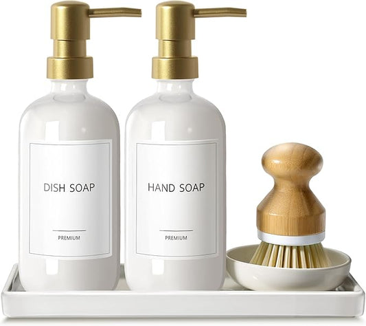 GMISUN Kitchen Soap Dispenser, 16 Oz Kitchen Dish Soap Dispenser Set with Ceramic Tray & Bamboo Brush, 2Pcs Farmhouse Dish Soap Dispenser for Kitchen, Modern White Glass Liquid Hand Soap Dispenser