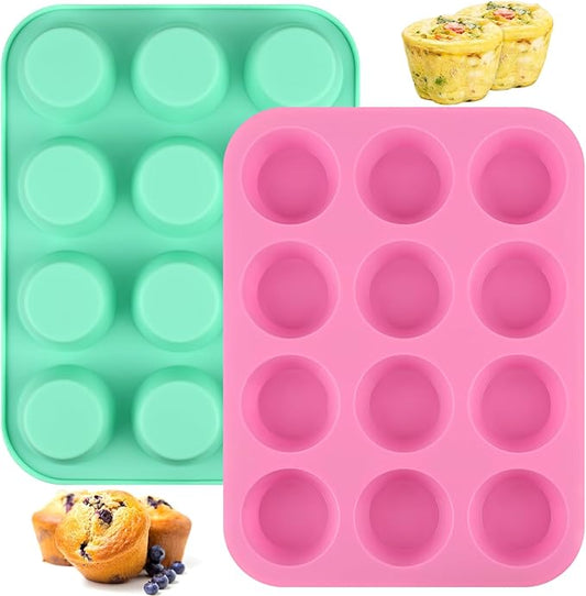 Sakolla 2 Pack Silicone Muffin Pan, Nonsticks 12 Cups Standard Cupcake Pans, Silicone Molds for Baking Muffin, Egg Bite, Cupcakes, Tart and Quiche (Pink & Green)