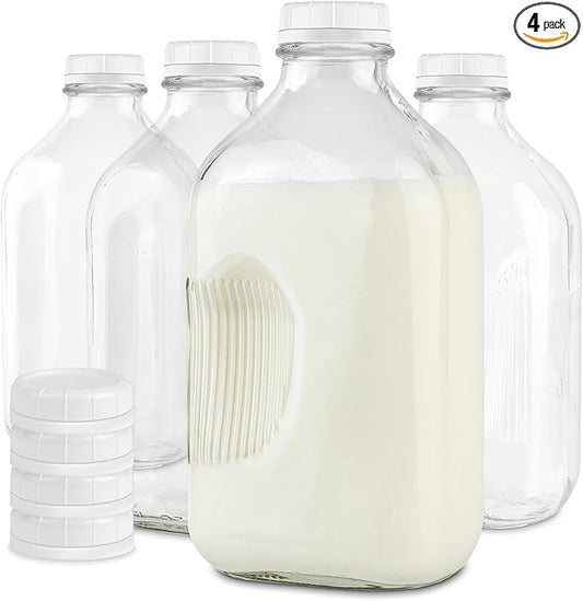 Stock Your Home Half Gallon Glass Milk Bottle with Lid (4 Pack) 64 Oz Jugs and 8 White Caps, Reusable Food Grade Milk Container for Refrigerator, Bottles for Juice, Oat or Plant Milks, Water, Honey