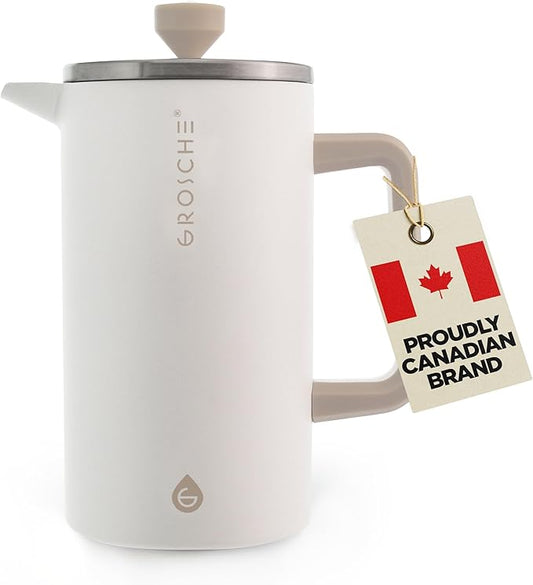 GROSCHE Dub'lin Stainless Steel Coffee Maker French Press 8 Cup | 34 FL Oz Coffee Press, 18/8 Double Walled Stainless Steel French Press Coffee Maker - Hot/Cold Brew | Stainless French Press - WHITE