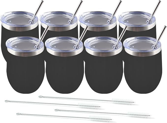 Amtidy 8 Pack Powder Coated Stainless Steel Tumbler with Lid,Equipped with straw and straw brush，12 oz Double Wall Vacuum Insulated Travel Tumbler Cup for Coffee, Wine, Cocktails