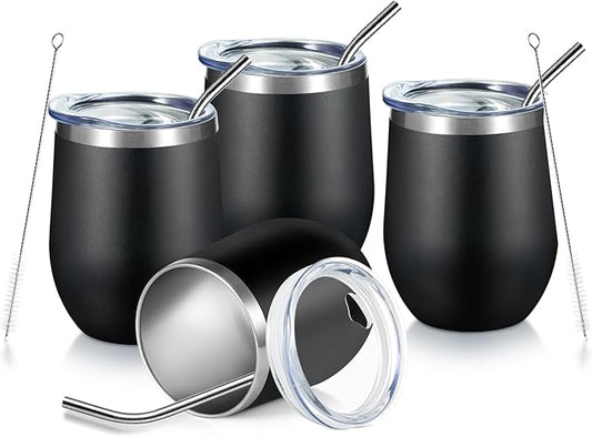 COMOOO 12oz Stainless Steel Wine Tumbler with Lid and Straw, Double Wall Vacuum Insulated Wine Tumbler Cup for Hot and Cold Drinks, Wine, Coffee, Champaign, Black, 4 Pack