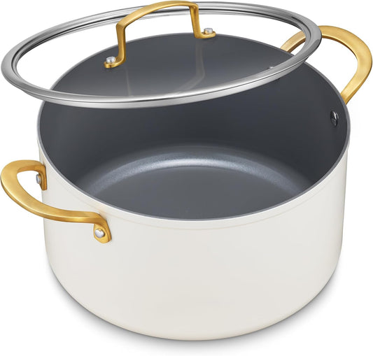 BEZIA Non Stick Stock Pot With Lid, 12 Quart Large Stockpot for Catering for Groups and Events, Induction Cooking Pot for All Stoves, Sturdy & Double Handle, Ideal for Soups & Stews, Cream