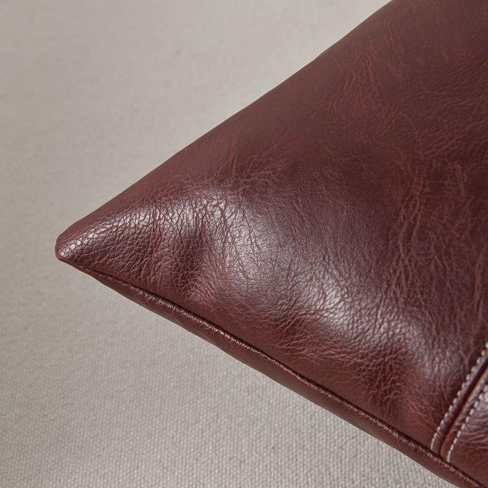 Fancy Homi Burgundy Lumbar Waterproof Faux Leather Decorative Throw Pillow Covers 12x20 Inch for Living Room Couch Bed, Modern Farmhouse Boho Home Decor, Wine Red Hand Stitched Cushion Case 30x50 cm
