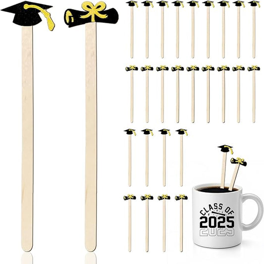 JarThenaAMCS 120Pcs Graduation Coffee Stirrers 2026 Grad Black Hat Diploma Disposable Stir Sticks Wooden Drink Stirrers for Home Office Bar Restaurant Party Supplies