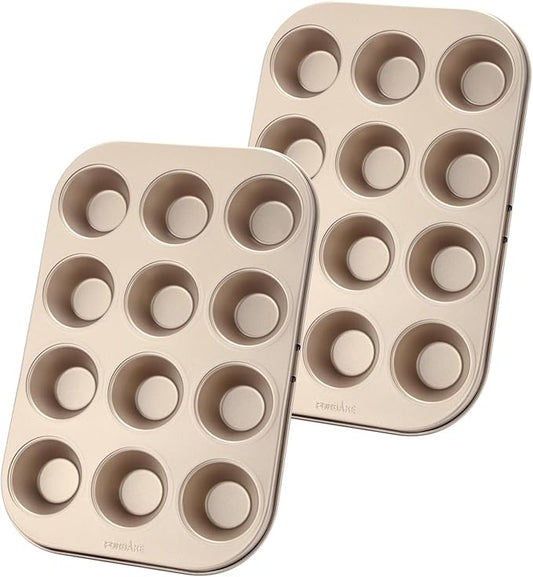 2-Pack Mini Muffin Pan — 12-Cup Non-Stick Golden Carbon Steel Mini Cupcake Baking Tray for Even Baking & Easy Release