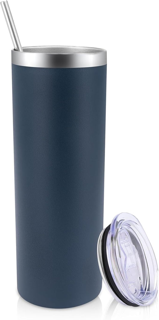 Volhoply 20 oz Skinny Tumbler with Lid and Straw, Stainless Steel Straight Tumblers Cup, Vacuum Insulated Coffee Mug for Home, Office, Travel, DIY (Navy,1 Pack)