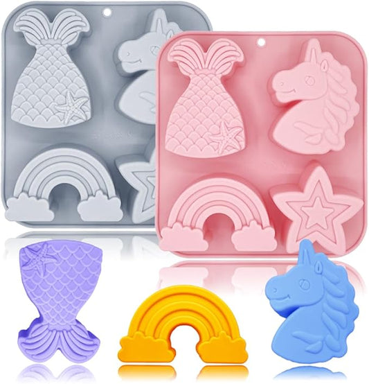 2 Pack Unicorn Molds Silicone 4 Cavity 3D Big Cartoon Themed Baking Mould Tray with Mermaid Rainbow Star for Baby Shower Birthday Party Chocolate Cake Mousse Pastry Soap Crayons Cupcake Topper