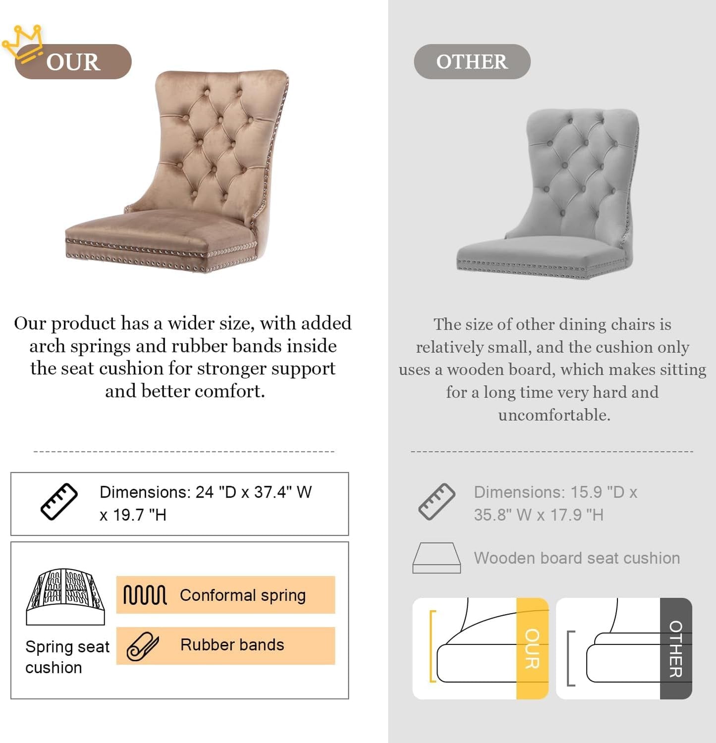 Eifizek Velvet Dining Chairs Set of 6, Tufted Dining Room Chairs with Nailhead Ring Pull Trim, Upholstered Dining Chairs with Solid Wood Legs for Kitchen Dining Room (Khaki)