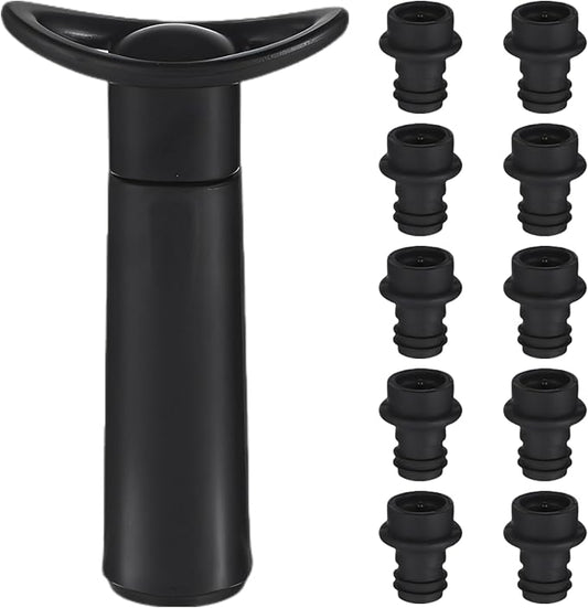 11 Pcs Wine Saver Vacuum Pump Set with 10 Reusable Bottle Stoppers, Wine Preservers and Bottle Sealers for Parties, Manual Extractor Bottle Keepers for Kitchen, Black