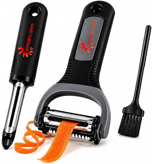 Peel 3X Faster Vegetable Peeler Set (3-Piece) – Ultra-Sharp Stainless Steel Y Peeler, Julienne & Swivel Peeler – Non-Slip Ergonomic Handle for Potatoes, Carrots, Apples