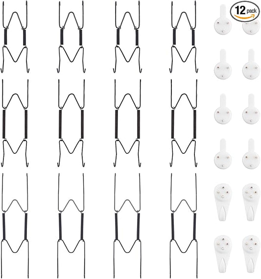 Bilillo 12 Pieces Plate Wall Hangers for Display - 4/6/8 Inch Invisible Plates Hanger, Stainless Steel Plate Holders with 12 Pieces Wall Hooks for 4 to 10.5 Inch Decorative Plates and Arts (Black)