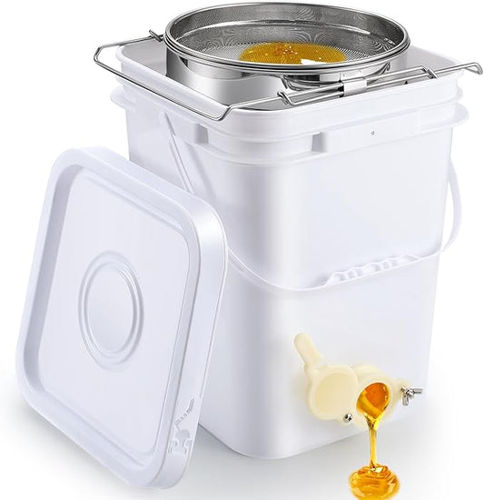 Threehoney 5 Gallon Honey Bucket with Spigot and Stainless Steel Filters Set Honey Extractor Equipment Food-Grade Bucket with Spigot for Bee Keeping Supplies Extracting Storage(White, 5 Gallon)